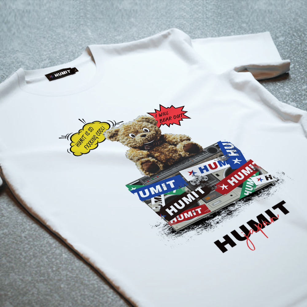 HUMIT メンズ クルーネック プリント 半袖Tシャツ TEDDY BEAR
