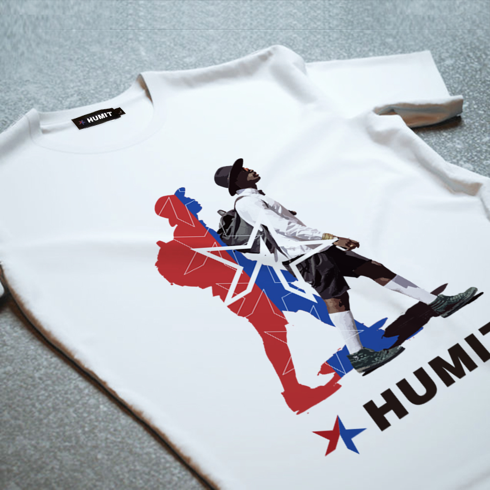 HUMIT メンズ クルーネック プリント 半袖Tシャツ WALKING MAN