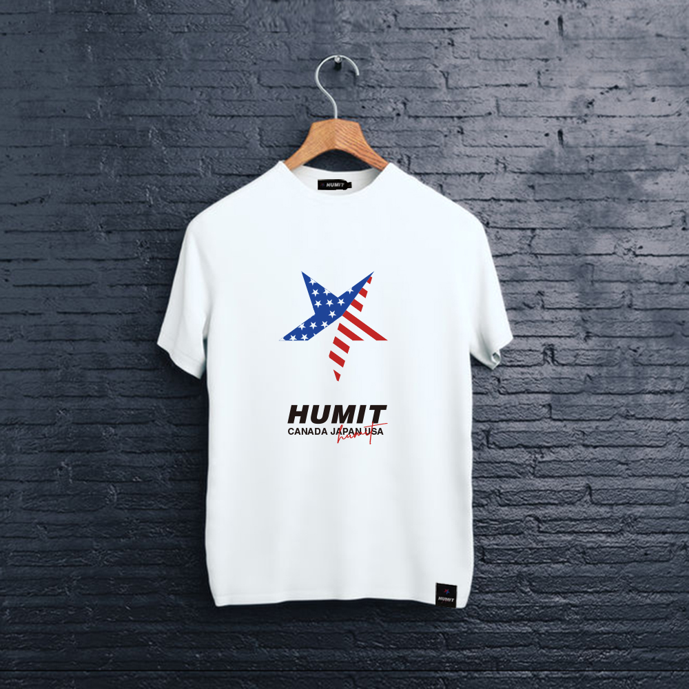 HUMIT メンズ クルーネック プリント 半袖Tシャツ STAR FLAG